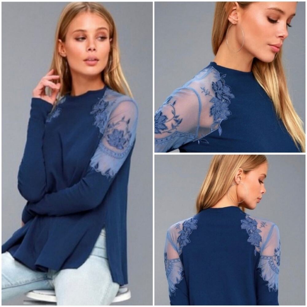 Free People Blue Lace Shoulder Long Sleeve Top Medium - Picture 2 of 10